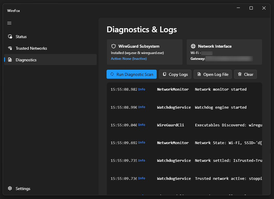 WireFox Diagnostics and Logs